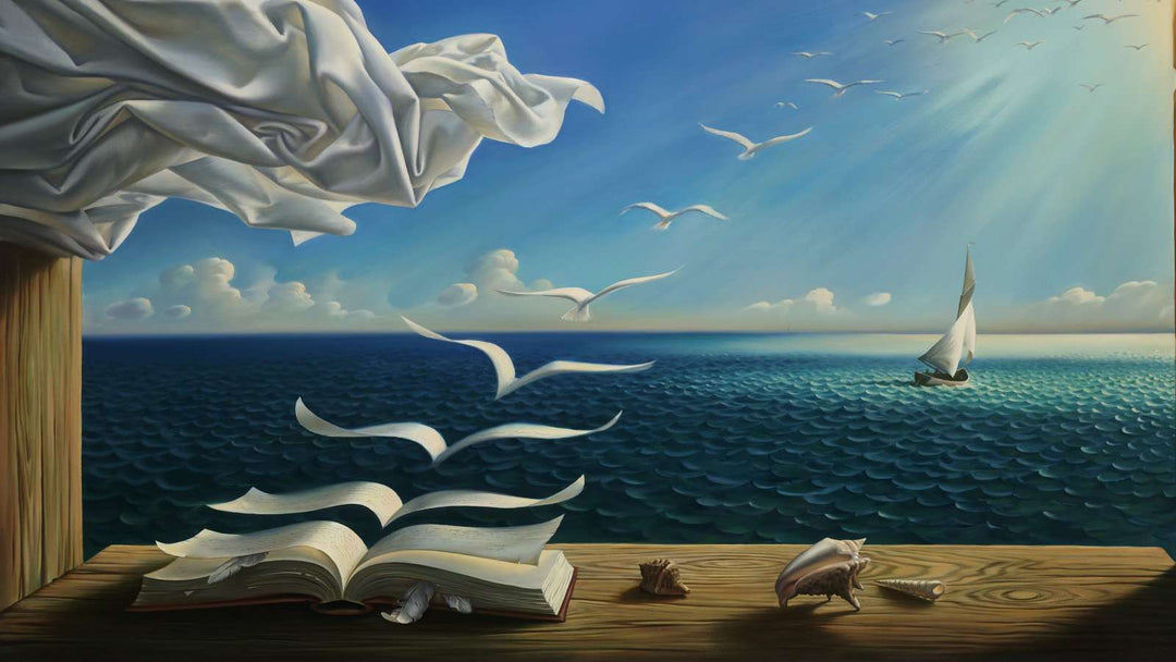 Traumwelt Buch Diamond Painting mit Meer und offenem Buch