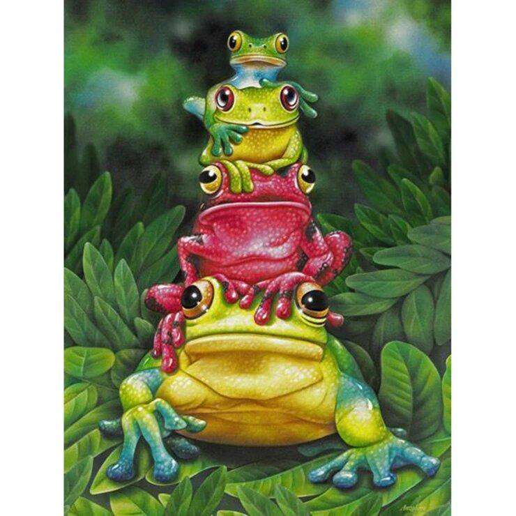 Ein Haufen Frösche Diamond Painting mit bunten Froschfiguren