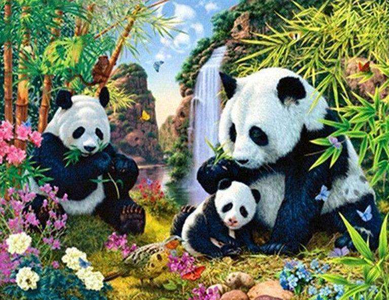Pandas am Wasserfall Diamond Painting Motiv